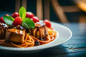 spaghetti with meatballs and berries on a white plate. AI-Generated photo