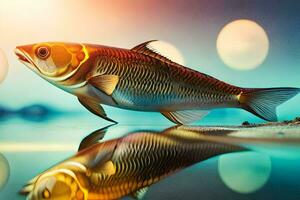 un pescado es reflejado en el agua con un puesta de sol en el antecedentes. generado por ai foto