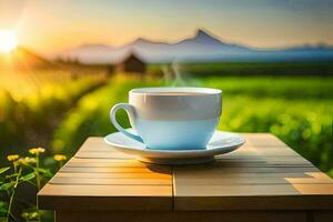 a cup of coffee on a wooden table in the sun. AI-Generated photo