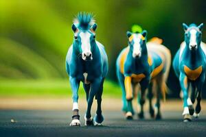 Tres caballos con azul y amarillo pintar en su cuerpos. generado por ai foto