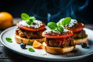 three mini sandwiches with meat and vegetables on a plate. AI-Generated photo