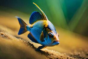 un pescado con azul y amarillo rayas en sus cuerpo. generado por ai foto