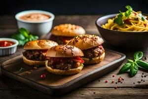 deslizadores con carne y salsa en un de madera tablero. generado por ai foto