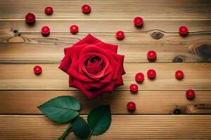 a single red rose on a wooden table with red beads. AI-Generated photo