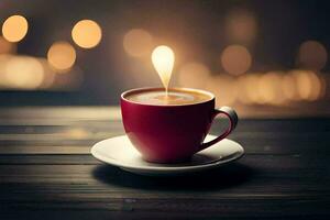 a cup of coffee on a wooden table with blurred bokeh. AI-Generated photo