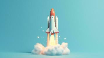 A rocket launching in blue background. 3d render illustration. AI Generated photo