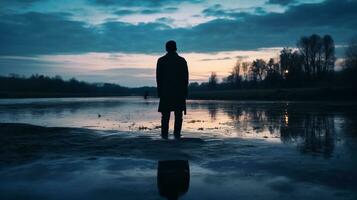 silueta de solitario hombres lleno de tristeza, y depresión en un orilla. ai generado foto