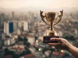 Champion golden trophy on a human hand in front of the city. Success and achievement concept. AI Generated photo