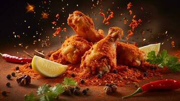 Chicken legs fall down into masala. Fried chicken product photography with spice splash. AI Generated photo