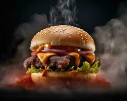 Hot melting burger on smoke dark studio background. Tasty delicious spicy chicken and cheese hamburger. AI Generated photo
