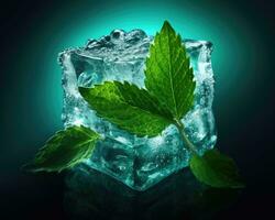 Fresh green mint leaves frozen in ice cubes. Concept of freshness and cool environment. AI Generated photo