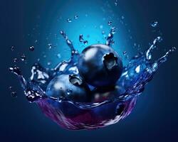 Fresh ripe blueberries and splashing juice isolated on dark studio background. AI Generated photo