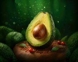 Fresh green natural avocado cut in half with seed. Closeup photo. AI Generated photo