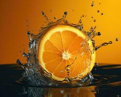 Slice of fresh orange with a splash of water isolated on the studio background. Concept of product package design element. AI Generated photo