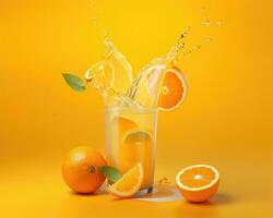 Whole and slices of Orange fruit and juice glass with splash and drops flying falling isolated on yellow orange background. Healthy drink. AI Generated photo