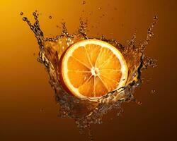 Slice of fresh orange with a splash of water isolated on the studio background. Concept of product package design element. AI Generated photo