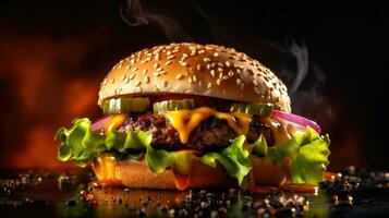 Close-up of fresh tasty burger on dark background. AI Generated photo