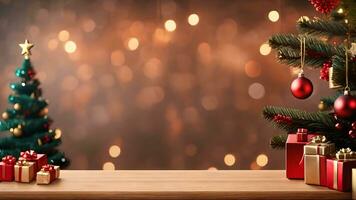 An Empty Rustic Wood Table Plain With Christmas Scenery Premade Photo Mockup Background