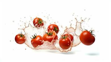 Fresh juicy tomatoes with water splash isolated on white background. Studio shot with freeze motion. AI Generated photo