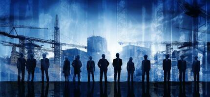 Team engineer building construction project with construction worker working with modern civil equipment technology, double exposure graphic design. AI Generated photo