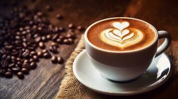 Coffee cup and beans on the table. Top view of coffee cup with heart shape. AI Generated photo