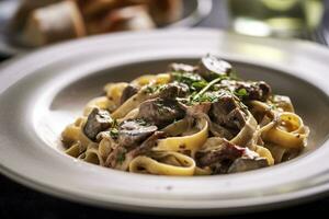 Tagliatelle with sausage and porcini, Pasta with sausage and summer cep mushroom. Generative AI photo