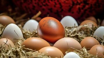 Chicken eggs in a nest of hay. A hen sits close in the background of the nest. Closeup of a group of eggs on the chicken farm. AI Generated photo