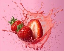 Whole and slice of strawberry, strawberry with splash of juice and drops, strawberry in a splash of milk or yogurt. AI Generated photo