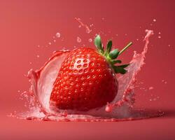 Strawberry fall on juice splash isolated studio background. Product package design concept. AI Generated photo