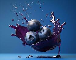 Blueberries with juice splash close-up on navy blue color background. AI Generated photo