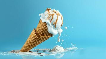 Melting ice cream cone with milk and chocolate syrup flavor isolated on blue background. AI Generated photo