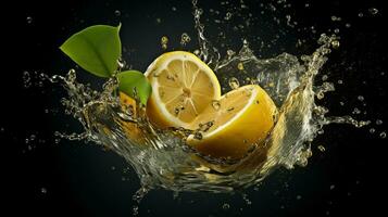 Slice of lemon with water splash over dark studio background. AI Generated photo