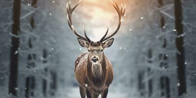 Noble deer male in the winter snow forest. Artistic winter Christmas landscape. AI Generated photo