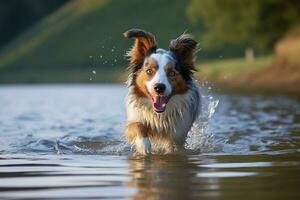 The dog runs on the water. Generative AI photo