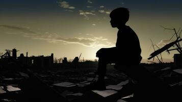 Silhouette of a boy sitting in a place where he had his home now it's destroyed. Sitting with sadness. AI Generated photo