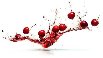 Fresh cherries with water splashes, isolated on white background. AI Generated photo