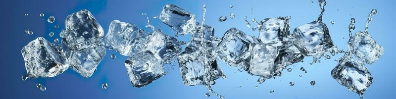 Pieces of ice and water on blue background. Generative AI photo