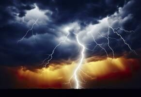 Lightning strikes on a cloudy dramatic stormy sky. AI Generated photo