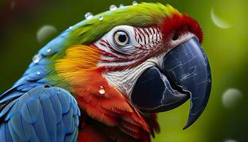 tropical guacamayo encaramado, vibrante plumas en enfocar. generativo ai foto