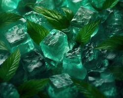 Fresh green mint leaves frozen in ice cubes. Concept of freshness and cool environment. AI Generated photo