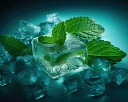 Fresh green mint leaves frozen in ice cubes. Concept of freshness and cool environment. AI Generated photo