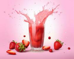 Whole and slices of strawberry fruit and juice glass with splash and drops flying falling isolated on light pink background. Healthy drink. AI Generated photo