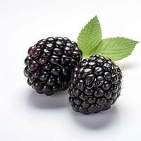 A bunch of raspberries with one that has a red berry on it. photo