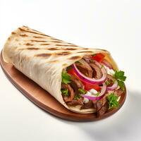 Shawarma with meat and vegetables on a white background photo