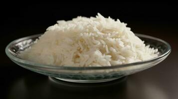 Cooked white rice on a plate isolated on dark background. Close Up view. AI Generated photo