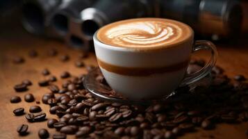 A cup of coffee with latte art spiral shape foam on a table with many coffee beans around it. AI Generated photo