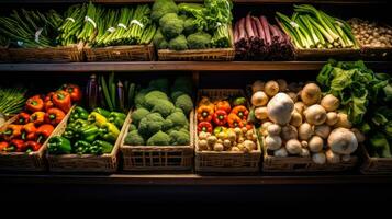 Different varieties of fresh vegetables in local markets, super shops. AI Generated photo