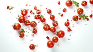 Red tomatoes with water splash isolated on white background. AI Generated photo