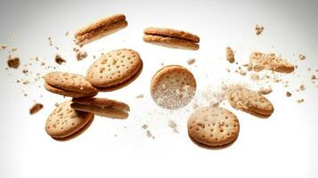 Biscuits falling on white background. Perfect concepts for product packaging design ideas. Studio shoot product photography. AI Generated photo