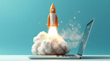 A rocket launched near from a laptop. Blue background. Business startup with growth marketing concepts. AI Generated photo